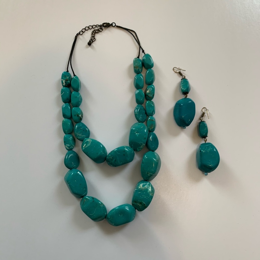 Turquoise Beaded Necklace + Earrings